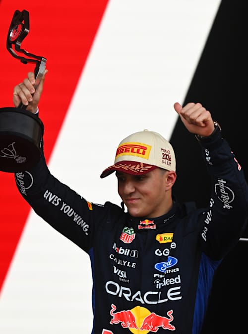 Third placed Isack Hadjar of France and Oracle Red Bull Racing on the podium with his trophy during the F1 Grand Prix of Monaco at Circuit de Monaco. 