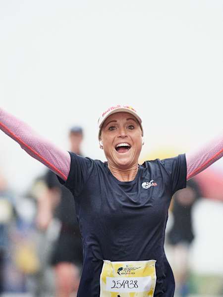 Camilla Pedersen celebrates winning at the Wings for Life World Run 2024 in Denmark.