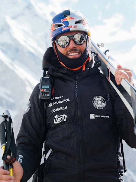 Andrzej Bargiel poses with ski gear at Nanga Parbat, Pakistan, in June 2026.