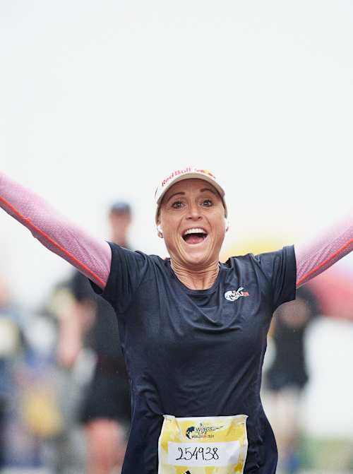 Camilla Pedersen celebrates winning at the Wings for Life World Run 2024 in Denmark.