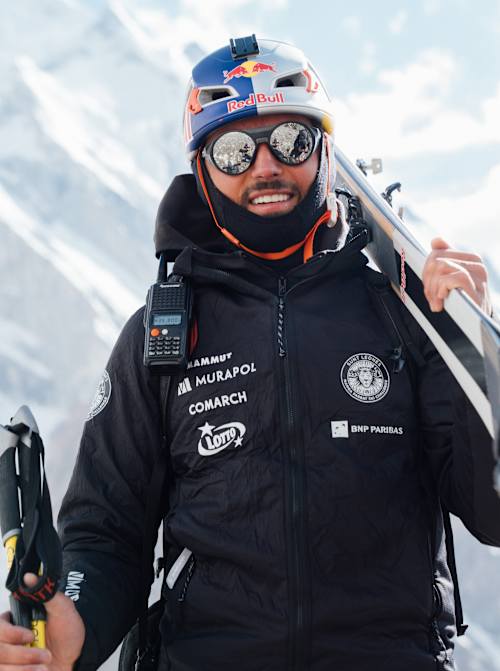 Andrzej Bargiel poses with ski gear at Nanga Parbat, Pakistan, in June 2026.