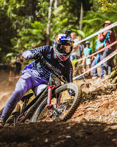 Jackson Goldstone in action at Red Bull Hardline in Maydena Bike Park, Australia on February 21, 2024