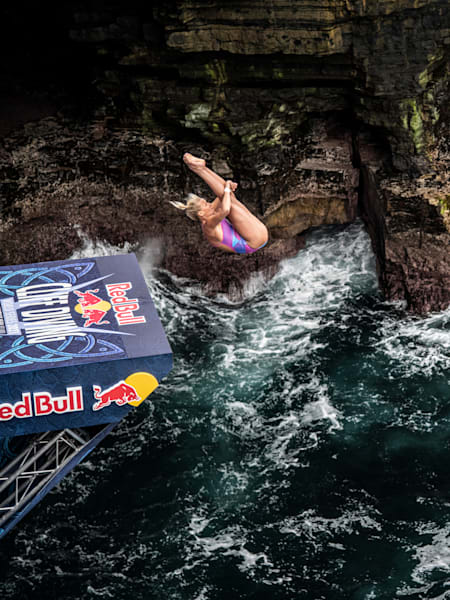Rhiannan Iffland of Australia dives from the 21 metre platform during the fourth stop of the Red Bull Cliff Diving World Series at Downpatrick Head, Ireland on September 10, 2021.