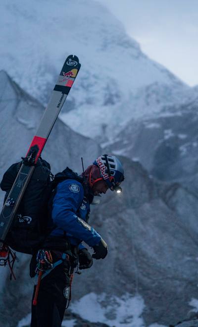 Red Bull athlete Andrzej Bargiel readies his gear at Mount Everest's Khumbu Icefall on September 6, 2025.