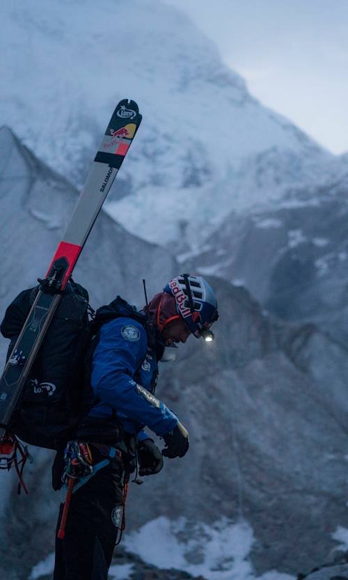 Red Bull athlete Andrzej Bargiel readies his gear at Mount Everest's Khumbu Icefall on September 6, 2025.