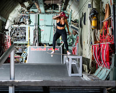 Leticia Bufoni warms up before the biggest trick of her skateboarding life so far at 2.75km above Merced, California, USA on August 30, 2022.  