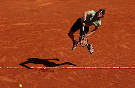 Stefanos Tsitsipas of Greece serves to Alejandro Davidovich Fokina of Spain in the final during day eight of the Rolex Monte-Carlo Masters at Monte-Carlo Country Club on April 17, 2022.