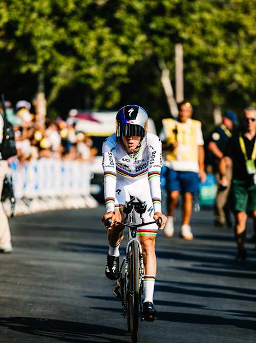 Remco Evenepoel of Red Bull – BORA – hansgrohe powers through Stage 1 (TTT) in Barcelona during the 113th Tour de France, Spain, on July 4, 2026, amid roaring crowds