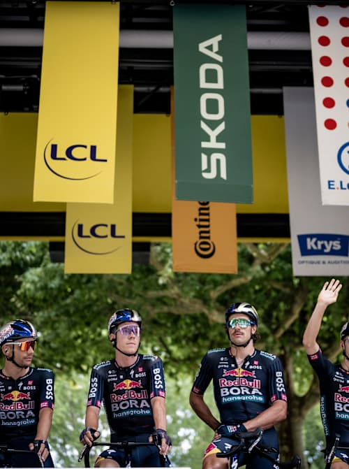 Team Red Bull-Bora-Hansgrohe on the race start podium in Agen on Stage 13 of the 111th Tour de France on July 12, 2024.