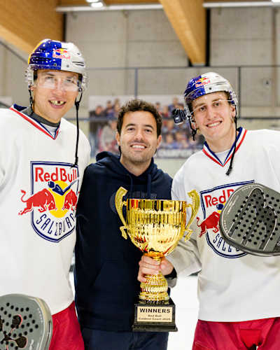 Peter Hochkofler, Pablo Herreros García and Luca Auer pose with the winners’ trophy at Red Bull Coldest Court in Salzburg, Austria, on July 2 2026.