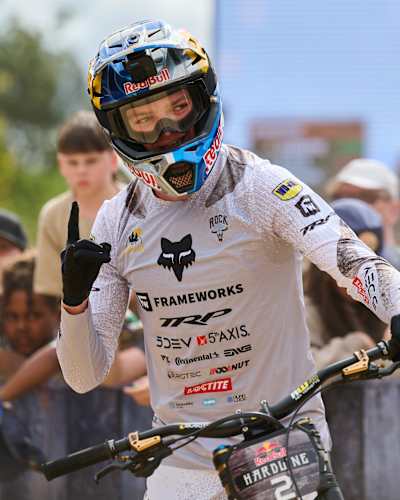 Asa Vermette reacts during seeding at Red Bull Hardline in Maydena Bike Park, Australia on February 7, 2026. 