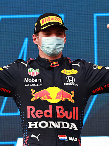 Max Verstappen of Red Bull Racing Honda celebrates at the Emilia Romagna Grand Prix on April 18, 2021.