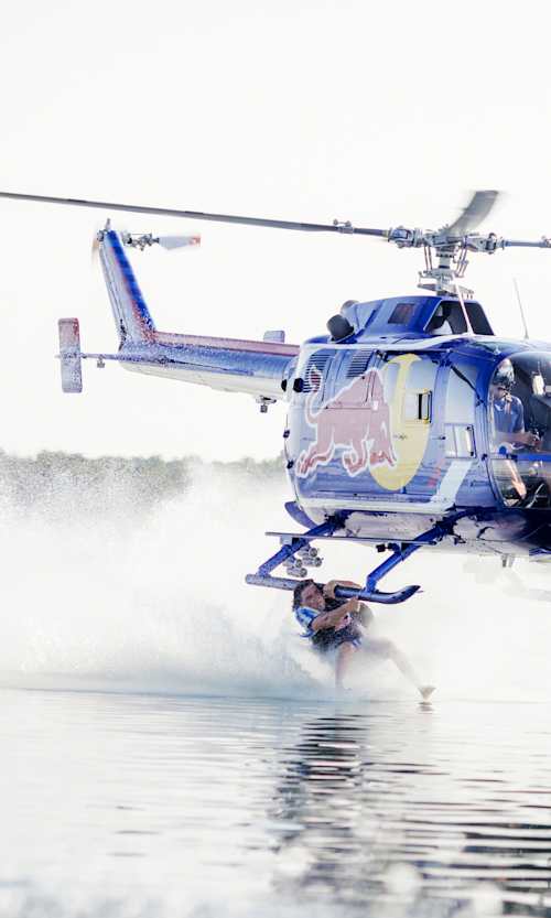 Parks Bonifay barefoot waterskis from Aaron Fitzgerald's helicopter in Florida, USA on July 8, 2024.