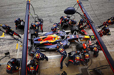 Sergio Perez makes a pitstop during the F1 Grand Prix of Spain in 2023
