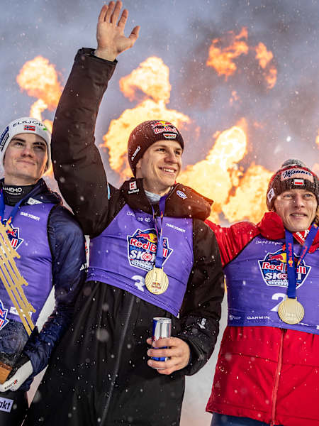 The winning team of Martin Shmitt (with team members Anže Lanišek, Dawid Kubacki, Marius Lindvik and Andreas Wellinger) celebrates at Red Bull Target Jumping 2026 in Zakopane, Poland on April 1, 2026.