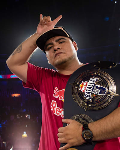 Aczino celebrates after winning the Red Bull Batalla International Final in Mexico City, Mexico. 