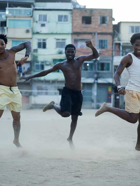 Andrezinho DB and friends pose for a portrait shoot at Tijuquinha's field in Rio de Janeiro, Brazil on March 17, 2024.
