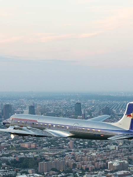 Red Bull DC-6 takes a historic flight over Manhattan, New York, USA on July 11, 2026.