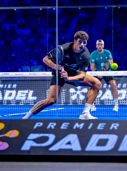 Alejandro Galán in action during the thrilling Premier Padel 2025 Finals semi-finals in Barcelona, Spain, igniting the crowd with world-class padel play on December 14, 2025