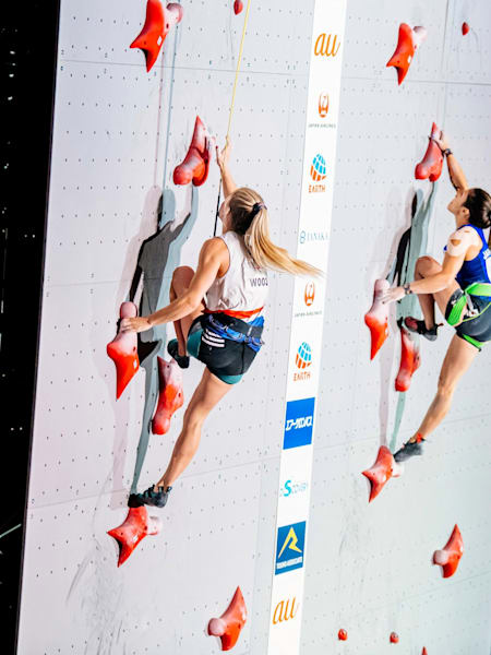 Shauna Coxsey (GBR) and Miho Nonaka (JPN) are seen during the IFSC Climbing World Championships Combined Final in Hachioji, Tokyo, Japan on August 20, 2019.