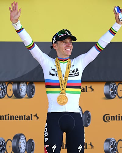 Remco Evenepoel of Belgium and Team Red Bull - BORA - hansgrohe celebrates on the podium as stage winner during the 113th Tour de France 2026. 