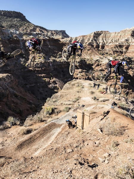 The different stages of a Brandon Semenuk flip at Red Bull Rampage practice 2017.