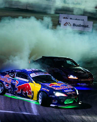 Conor Shanahan from Ireland performs during the fifth stop of the Drift Masters European Championship at Ferropolis park in Graefenhainichen, Germany on August 19, 2023.