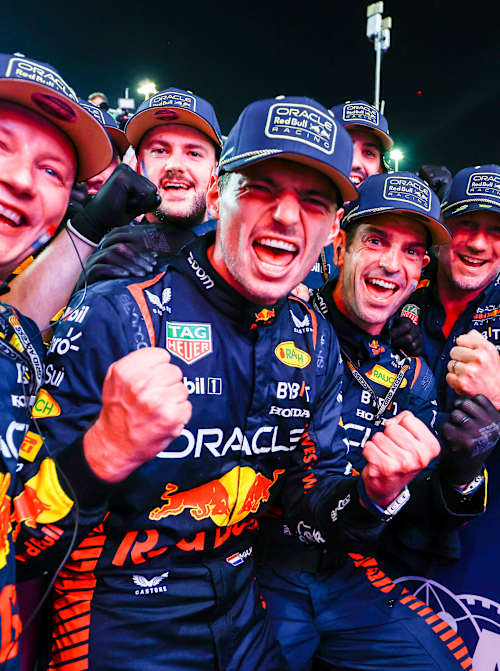 2023 F1 World Drivers Champion Max Verstappen celebrates with his team in Qatar 