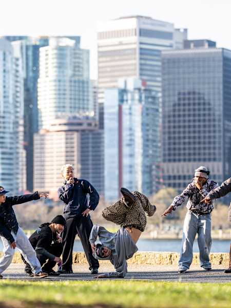 Ami, Illz, Hong 10, Issin, Lee and Menno pose for a group shot in Vancouver during the Red Bull BC One Tour Canada on April 8, 2026.