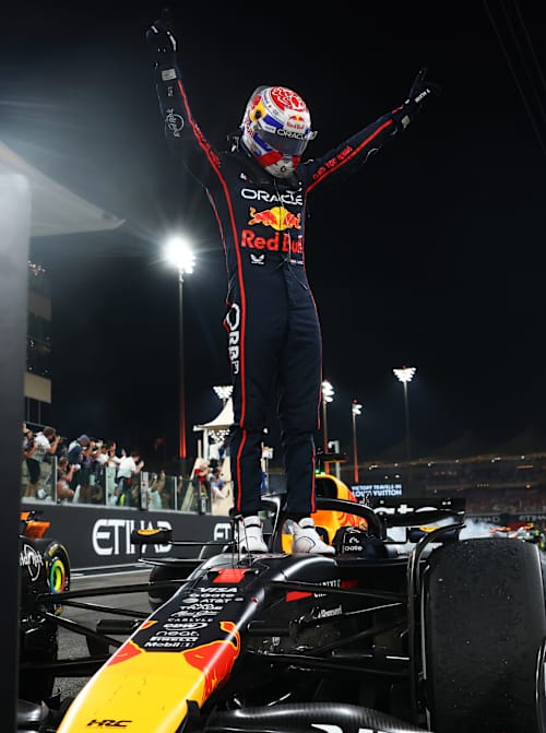 Race winner Max Verstappen of the Netherlands and Oracle Red Bull Racing celebrates on arrival in parc ferme during the F1 Grand Prix of Abu Dhabi 2025.