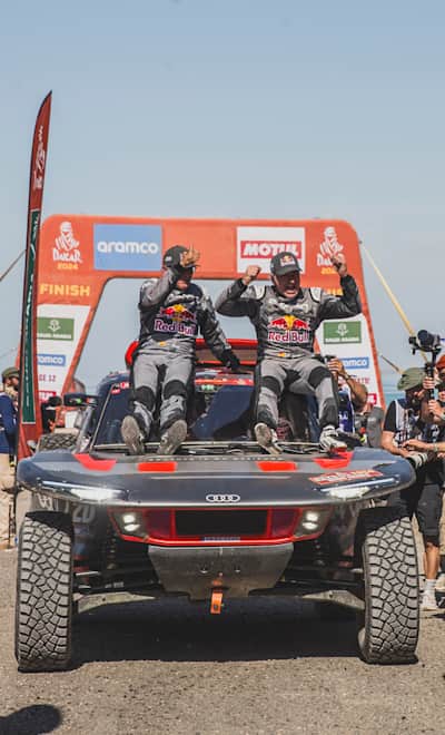 Carlos Sainz for Team Audi Sport seen at the finish line during Stage 12 of Rally Dakar 2024 from YANBU to YANBU, Saudi Arabia on January 19, 2024.