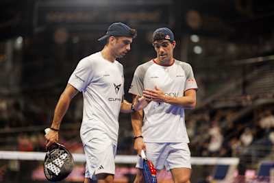 Alejandro Galan (L) and Juan Lebron (R) of Spain seen during the Ooredoo Qatar Major Premier Padel in Doha, Qatar on March 4, 2024.