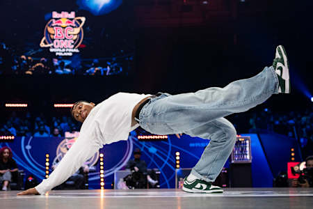 Lee on the stage of the Red Bull BC One World Final 2021