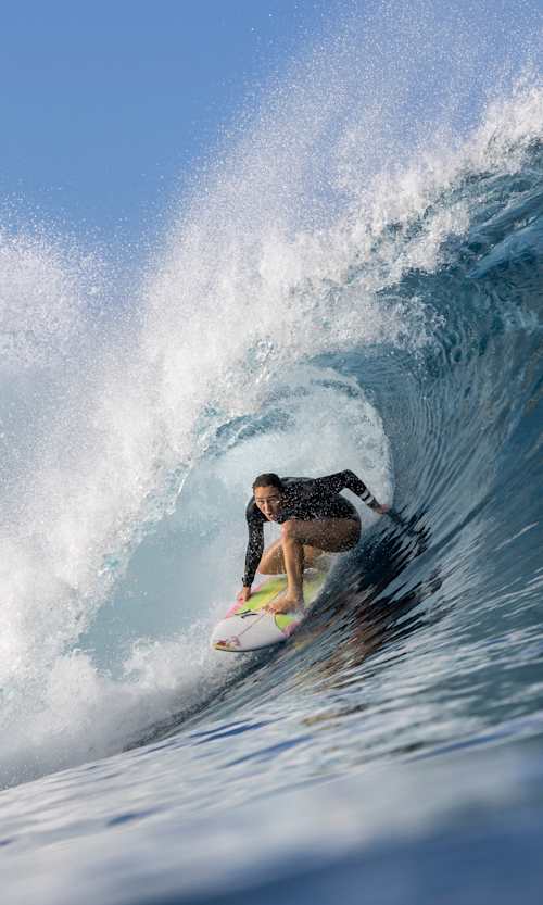 Surfer Carissa Moore, pre-Olympic athlete shoot in Teahupo’o.