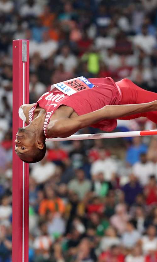 Mutaz Barshim during his high jump-winning performance at the IAAF World Athletics Championships in Doha, Qatar, on October 4, 2019.