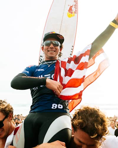 Griffin Colapinto chaired up the beach after winning the MEO Rip Curl Pro Portugal