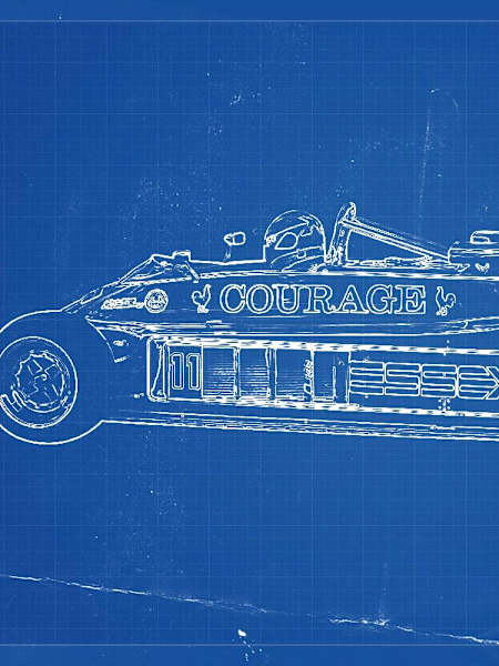 An illustrated blueprint of the design for the Lotus 88 F1 car.