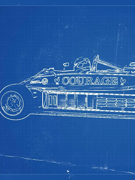 An illustrated blueprint of the design for the Lotus 88 F1 car.