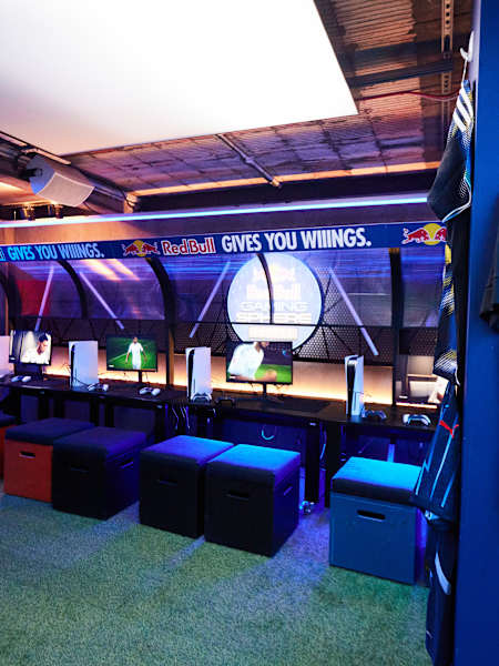 The Red Bull Gaming Sphere in London during the EA Sports FC26 Launch on September 19, 2025, featuring gaming set-ups and football kits.