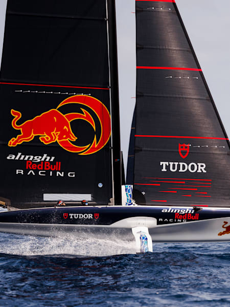 Alinghi Red Bull Racing with Arnaud Psarofaghis behind the helm seen during the practice with AC40 in Barcelona, Spain on August 30, 2023.