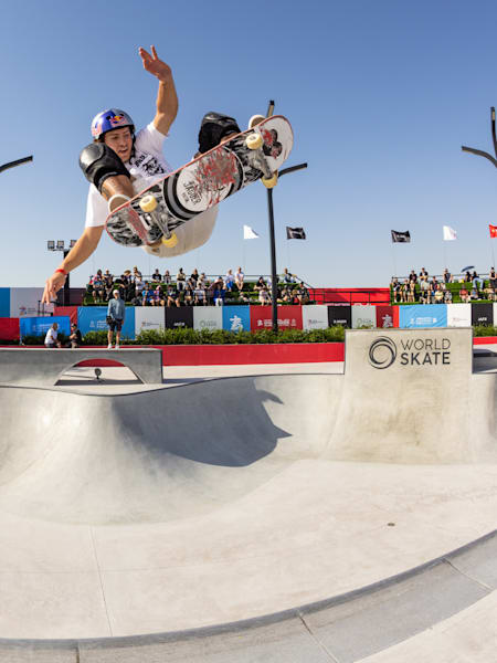Jagger Eaton bones out a drifting blindside Ollie to fakie at the 2022 World Championships in Sharjah, UAE