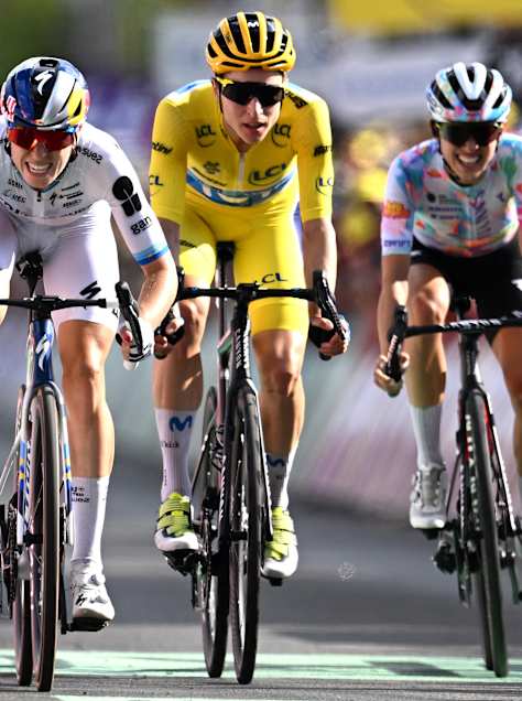 Demi Vollering of FDJ United Suez leads Marlen Reusser and Katarzyna Niewiadoma-Phinney across the finish in Belleville-en-Beaujolais during Stage 5 of the 2026 Tour de France Femmes