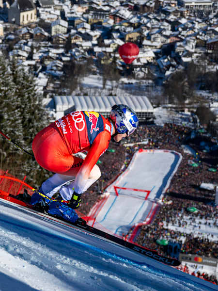 Marco Odermatt of Switzerland seen during the Hahnenkamm Race in Kitzbuehel, Austria on January 20, 2024.