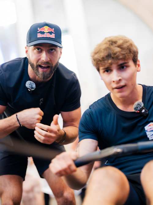 Alexander Roncevic shouts at Chris Leder at Red Bull Road to HYROX in Vienna, Austria on November 15, 2025. 