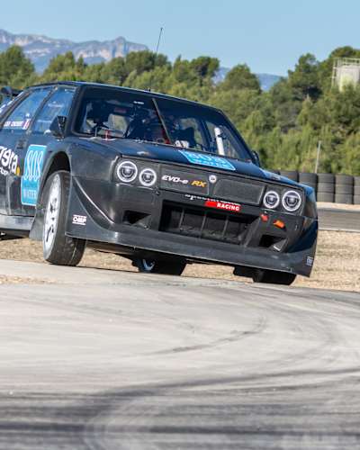 Sébastien Loeb testing Special ONE Racing’s Lancia Delta Evo-e RX in preparation for the 2023 FIA World Rallycross Championship at Calafat Circuit, Spain on April 4, 2023.