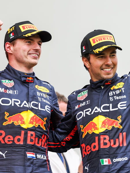 Max Verstappen and Sergio Pérez of Oracle Red Bull Racing at the Emilia Romagna Grand Prix on April 24, 2022.