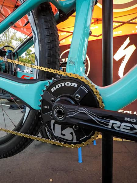 A close up of the crankset on a cross country MTB.