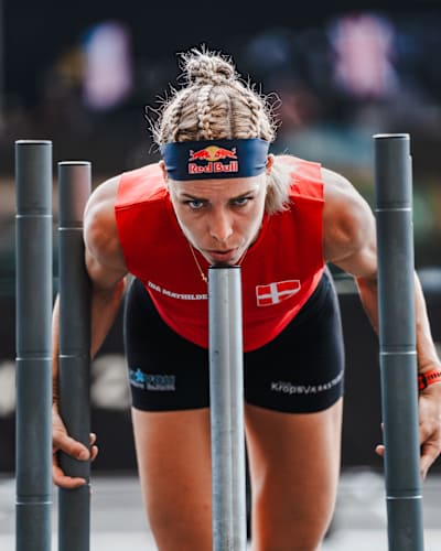 Fitness trailblazer Ida Mathilde Steensgaard from Denmark pushing a sled at the Hyrox World Championships in Nice, France.