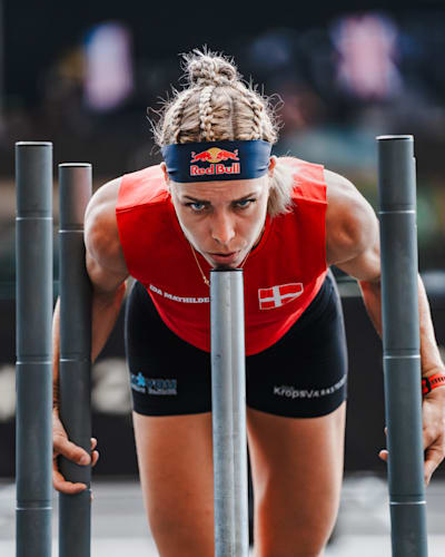 Fitness trailblazer Ida Mathilde Steensgaard from Denmark pushing a sled at the Hyrox World Championships in Nice, France.