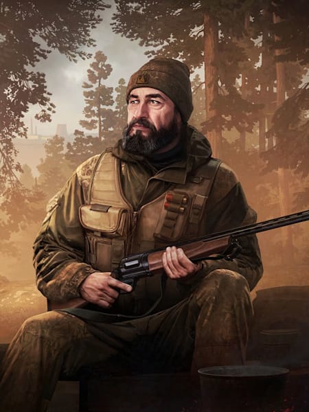 Jäger sitzt mit seinem Hund im Lager